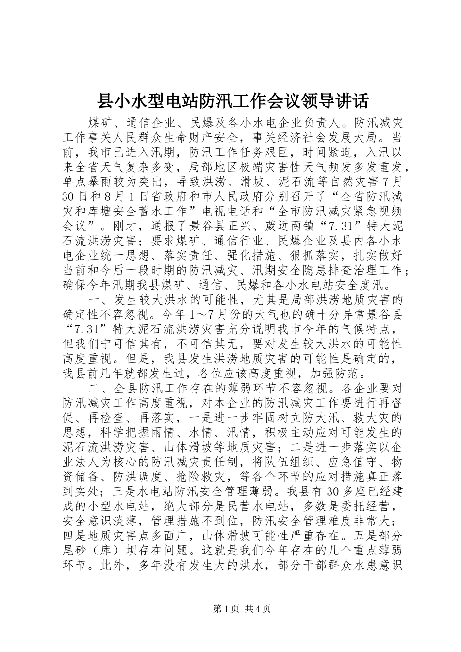 县小水型电站防汛工作会议领导讲话发言_第1页
