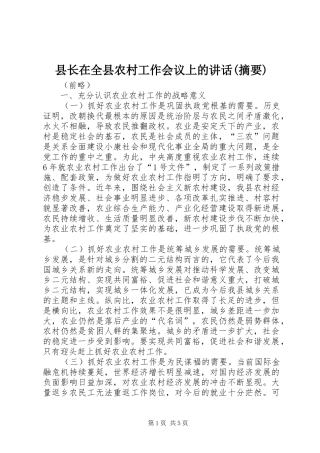 县长在全县农村工作会议上的讲话发言(摘要)