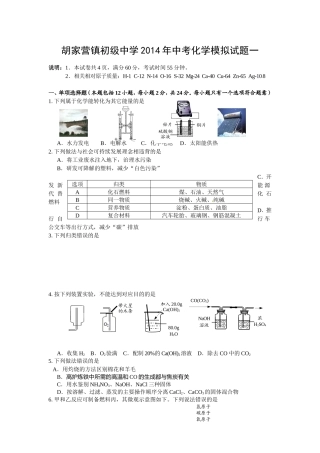 2014年胡家营镇初级中学中考化学模拟试题一