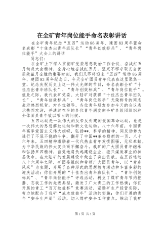 在全矿青年岗位能手命名表彰讲话发言