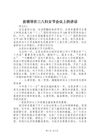 县领导在三八妇女节会议上的讲话发言