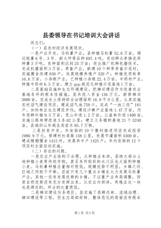 县委领导在书记培训大会讲话发言