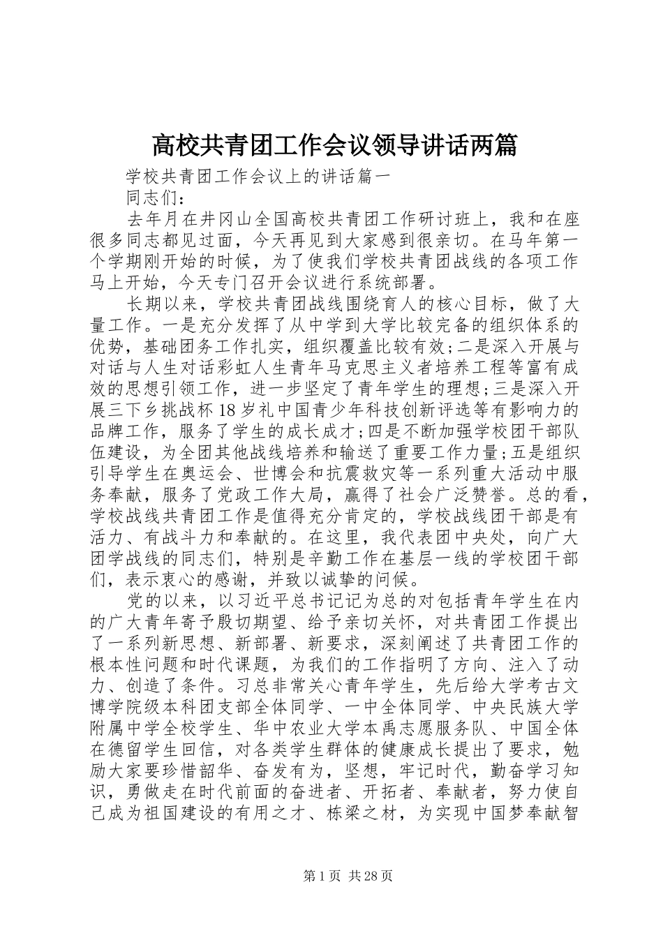 高校共青团工作会议领导讲话发言两篇_第1页