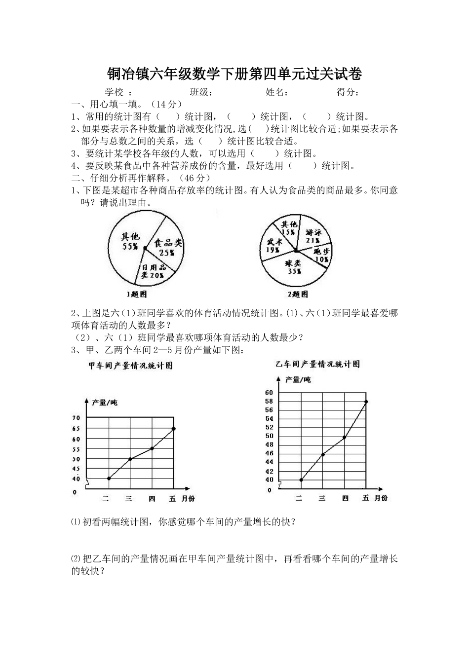 铜冶镇六年级数学第四单元过关试卷_第1页