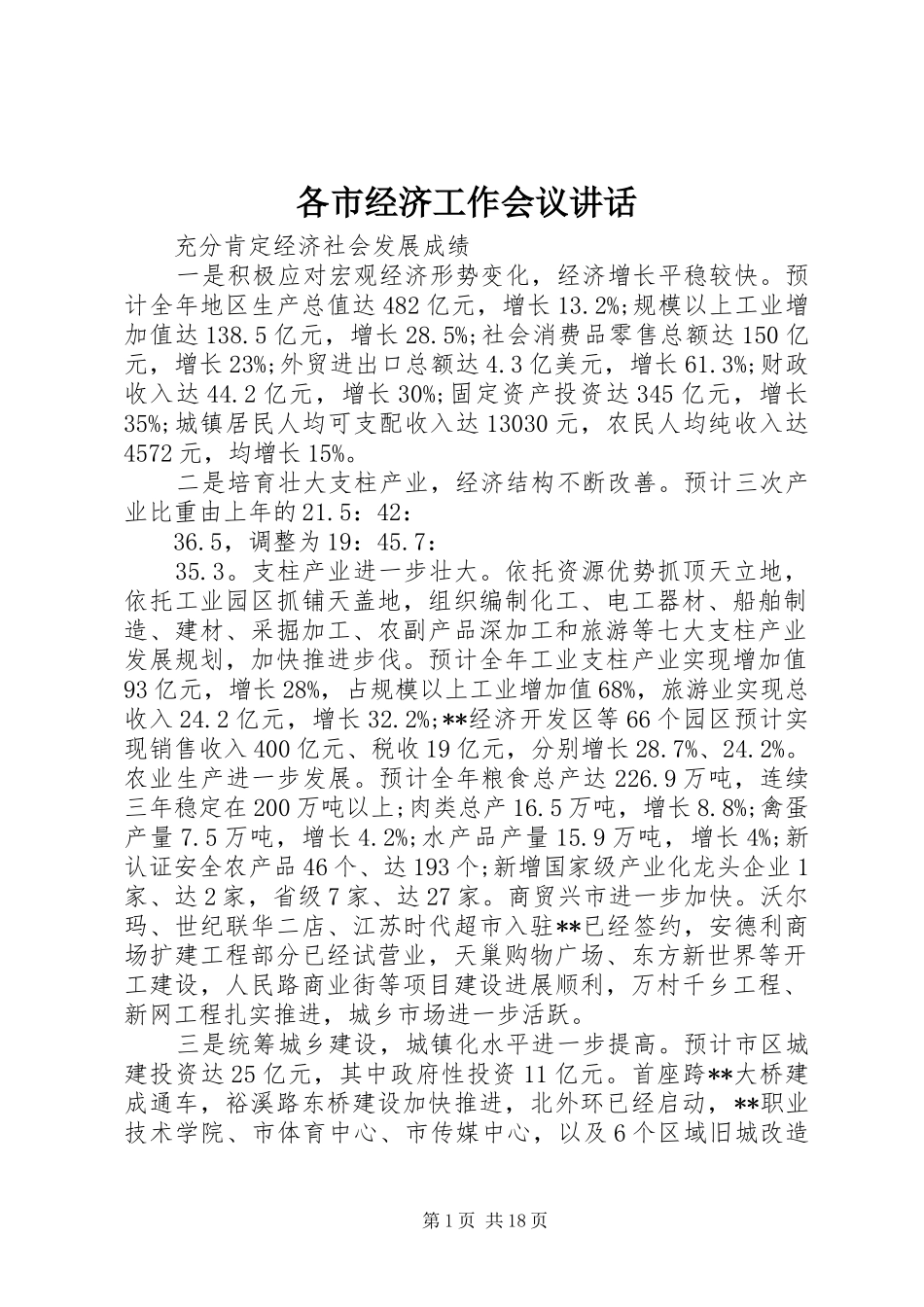 各市经济工作会议讲话发言_第1页