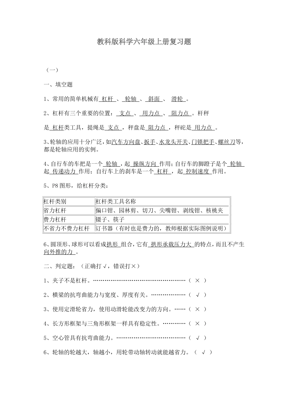 教科版科学六年级上册复习题_第1页