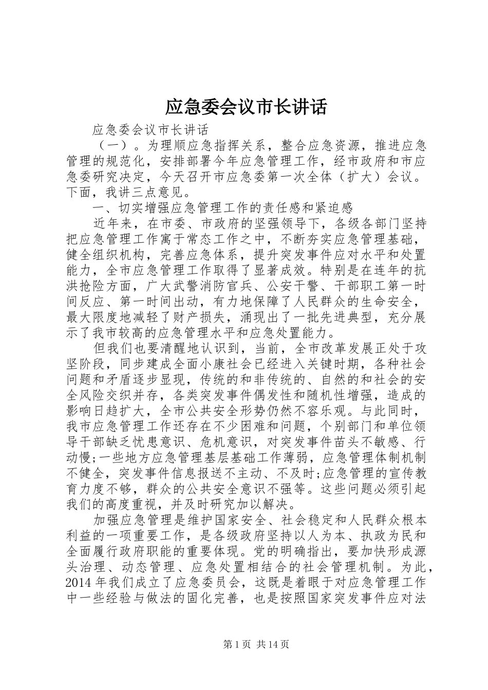 应急委会议市长讲话发言_第1页