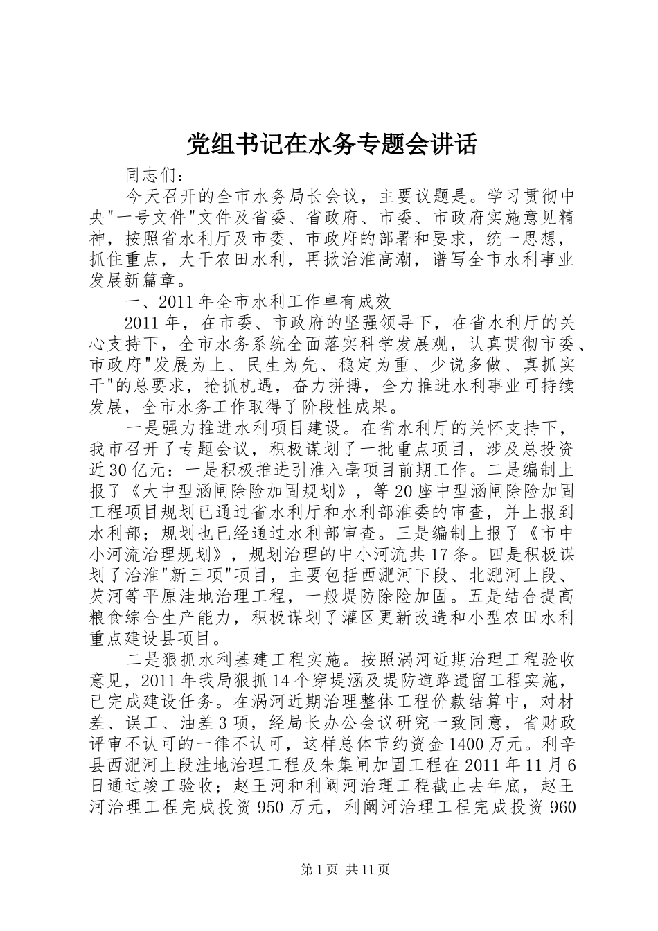 党组书记在水务专题会讲话发言_第1页