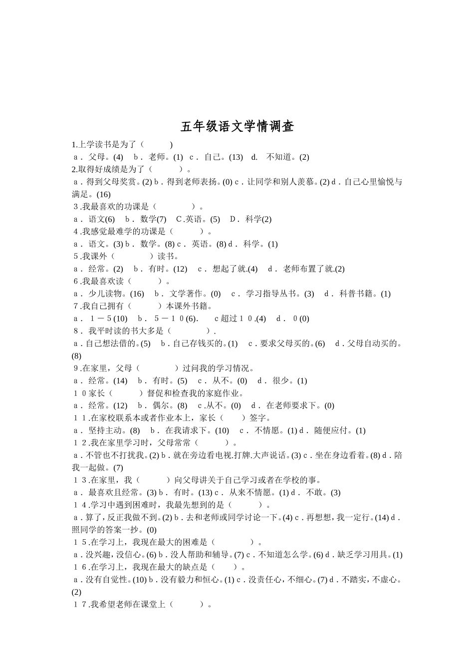 五年级学情问卷调查_第1页