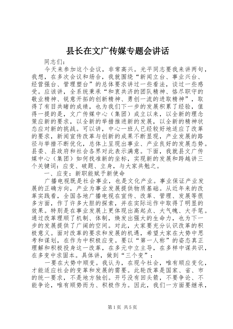 县长在文广传媒专题会讲话发言_第1页