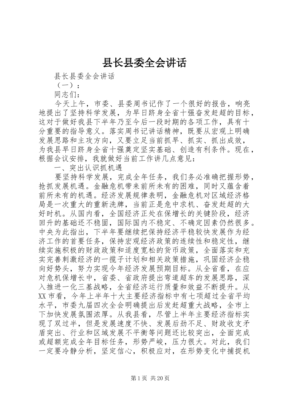 县长县委全会讲话发言_第1页