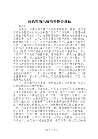 县长在防汛抗洪专题会讲话发言