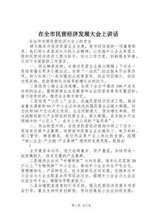 在全市民营经济发展大会上讲话发言