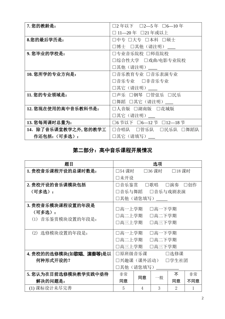 高中音乐教师调查问卷_第2页