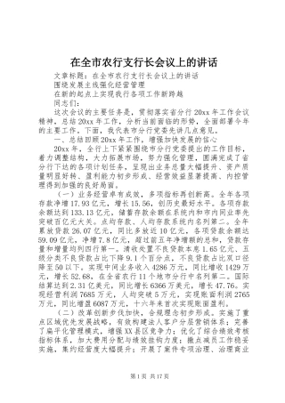 在全市农行支行长会议上的讲话发言