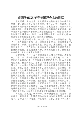 市领导在XX年春节团拜会上的讲话发言