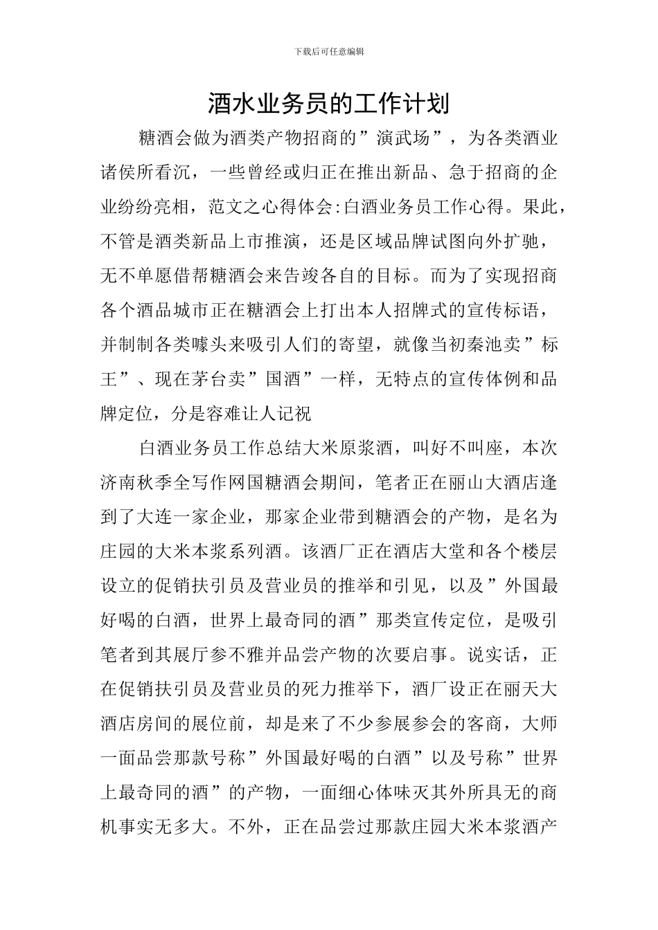 酒水业务员的工作计划_第1页