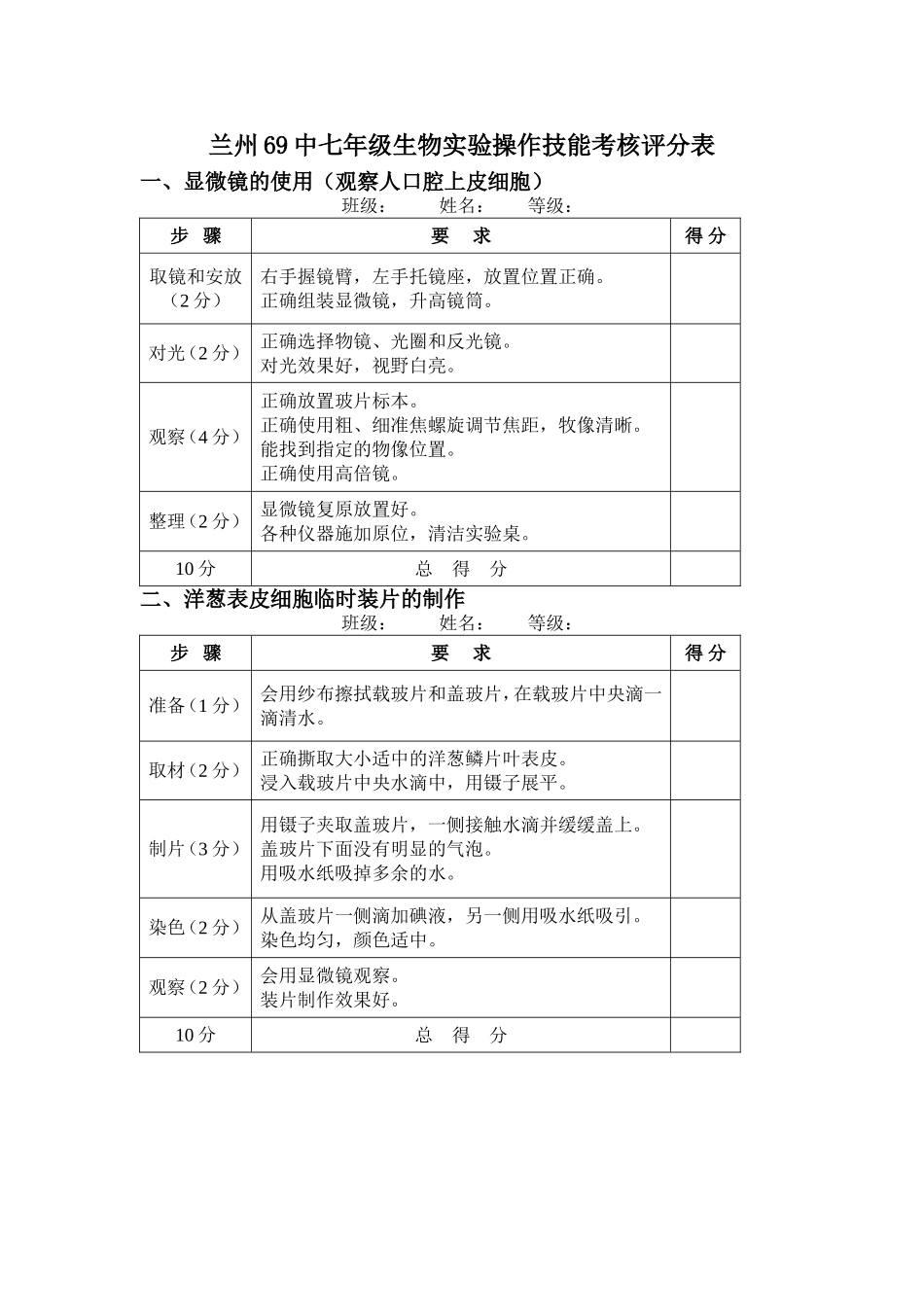 兰州69中七年级生物实验操作技能考核评分表_第1页