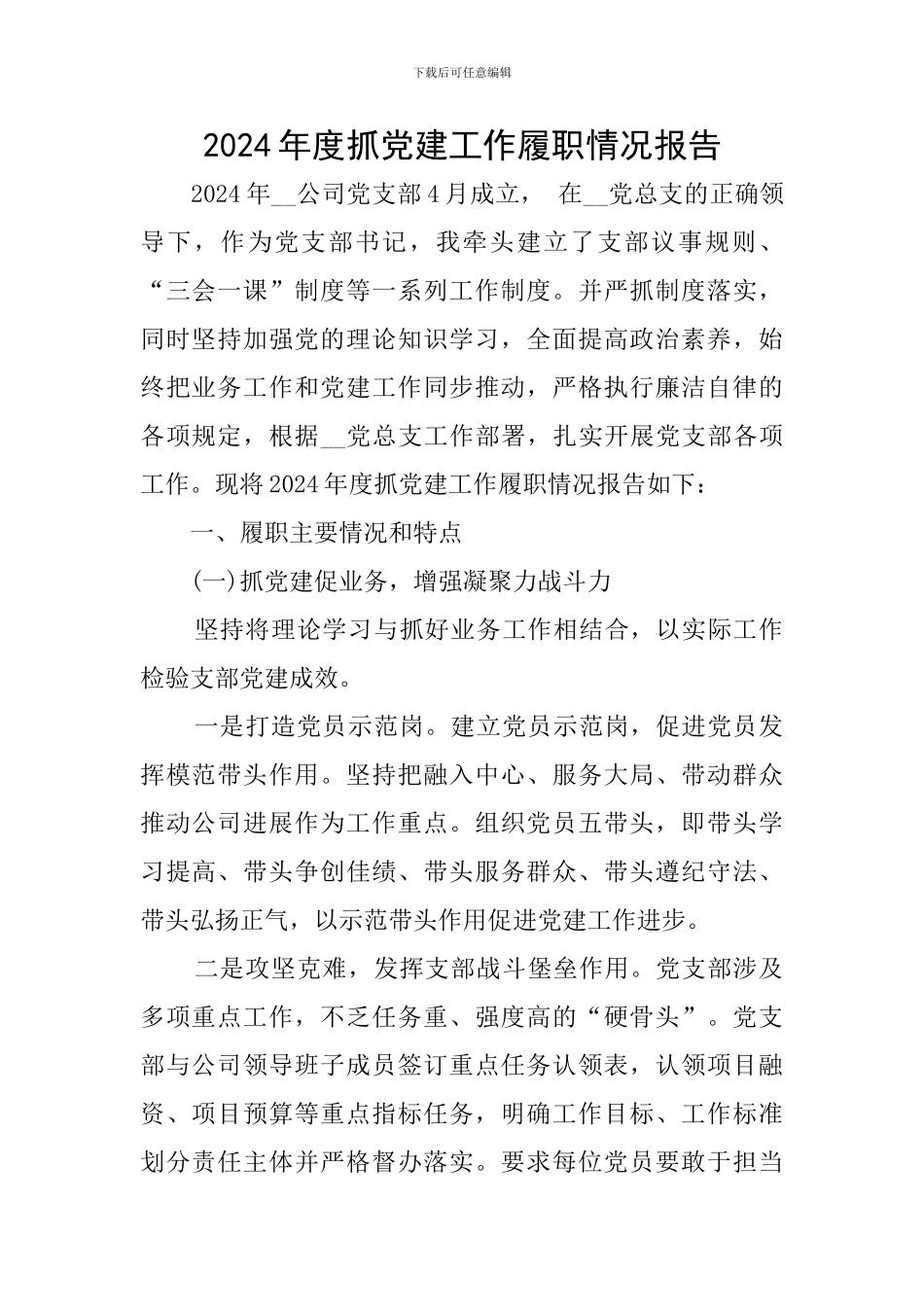 2024年度抓党建工作履职情况报告_第1页