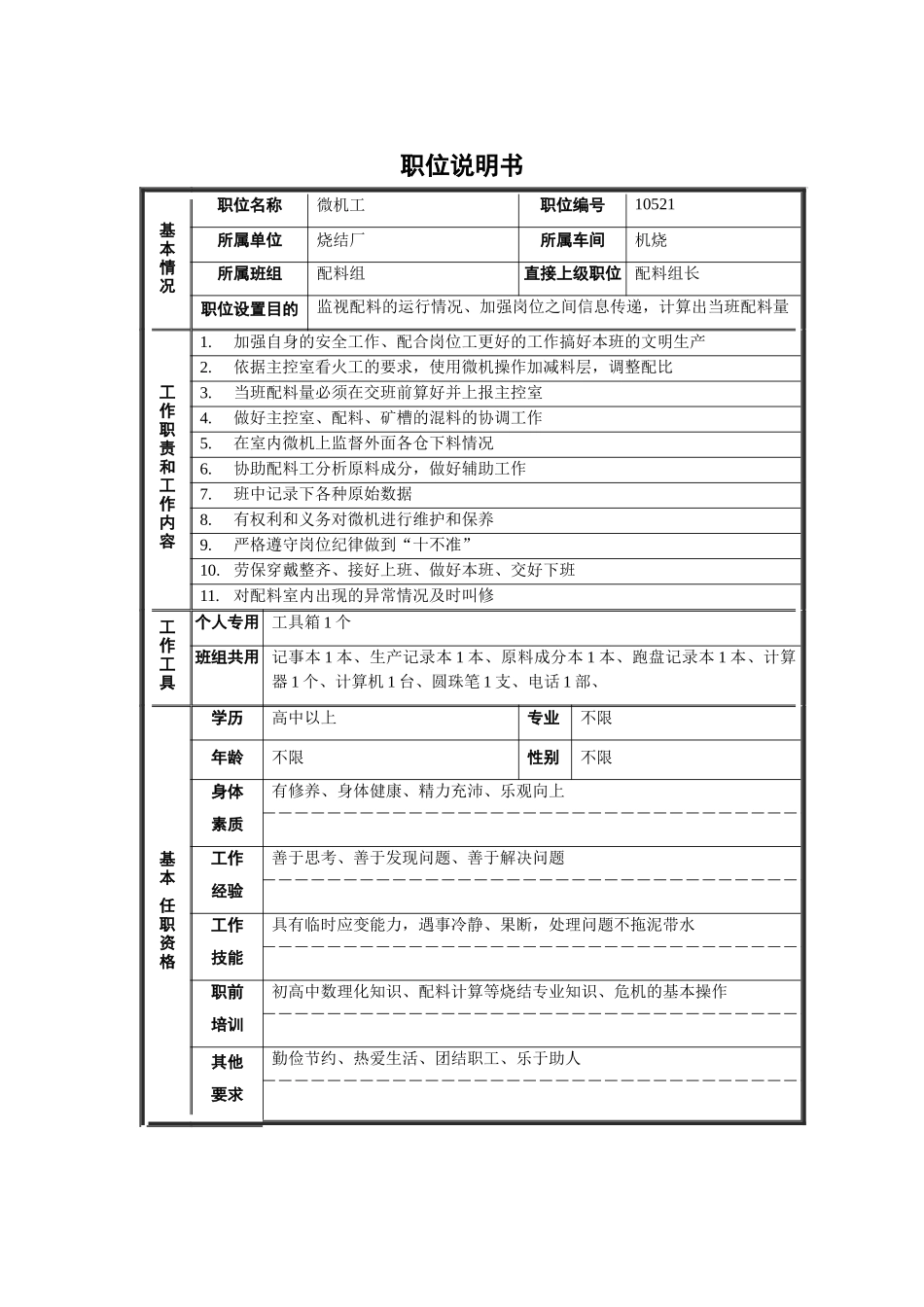 烧结厂机烧车间配料组微机工职位说明书_第1页