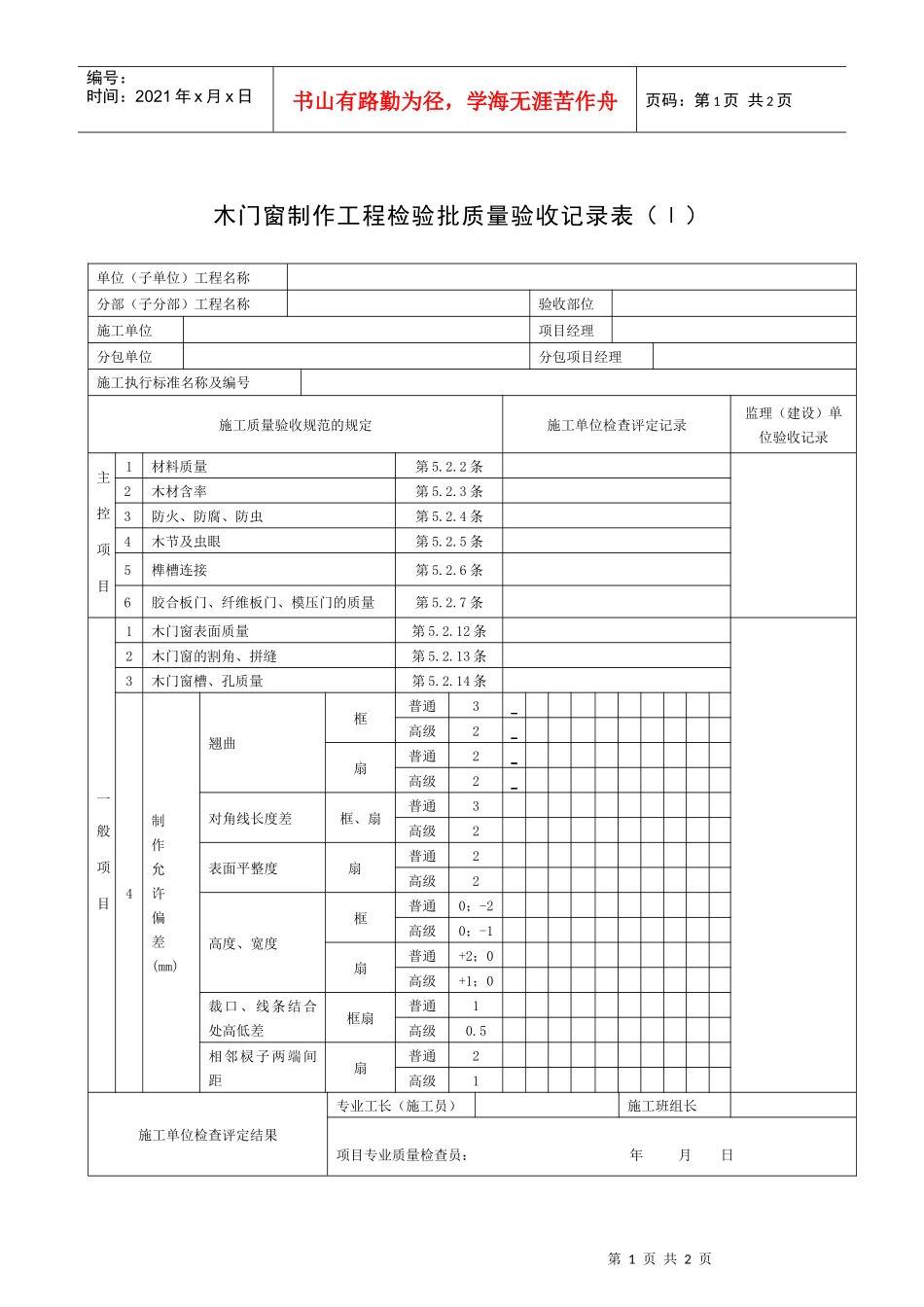 木门窗制作工程检验批质量验收记录表_第1页
