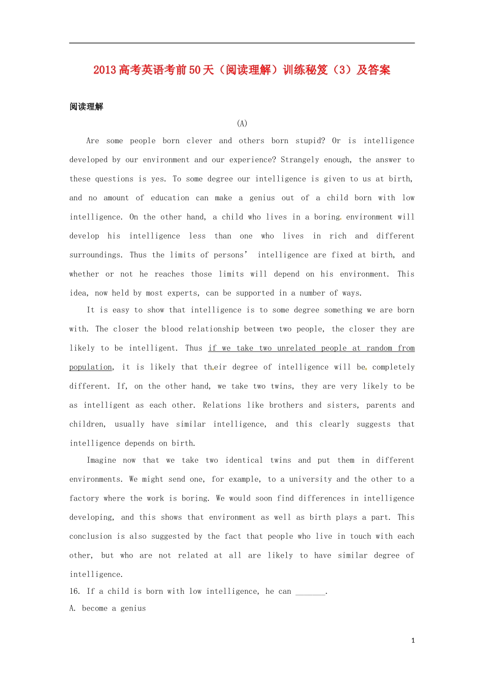 2013高考英语 考前50天（阅读理解）训练秘笈（3）_第1页
