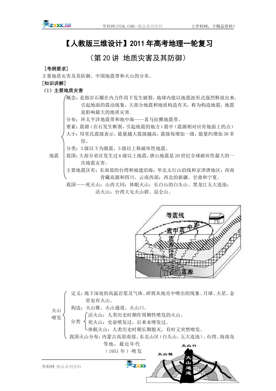 【人教版三维设计】2011年高考地理一轮复习：第20讲地质灾害及其防御_第1页