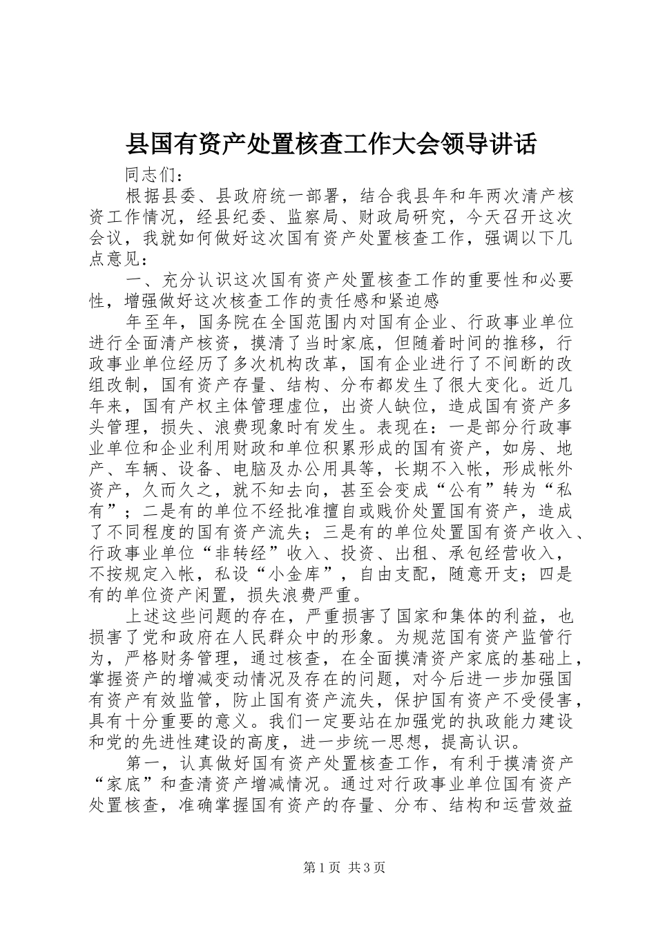 县国有资产处置核查工作大会领导讲话发言_第1页