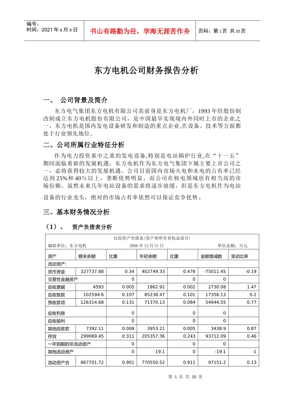 东方电机公司财务报告分析_第1页