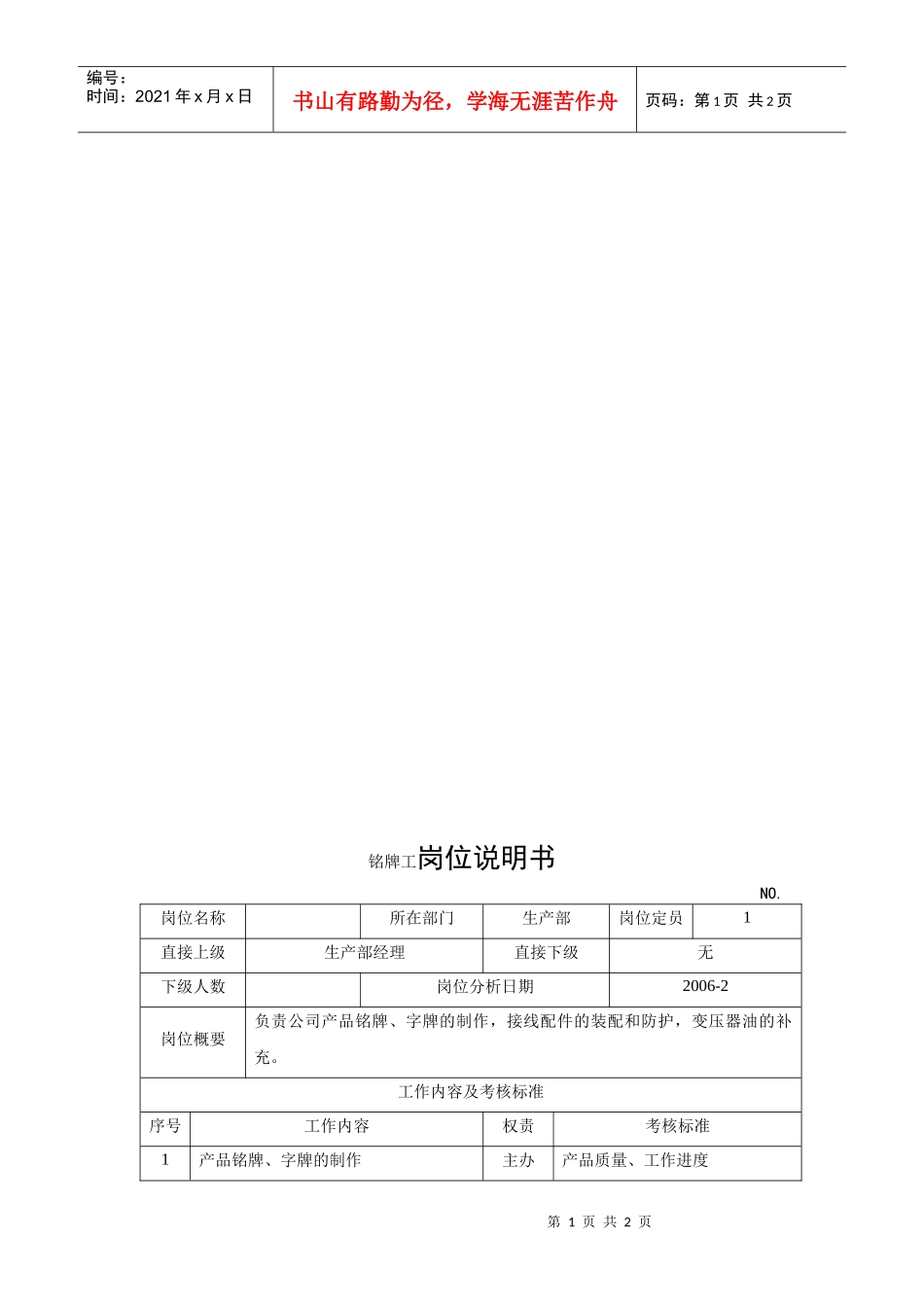 电力集团某大型电气配件企业铭牌工岗位说明书_第1页