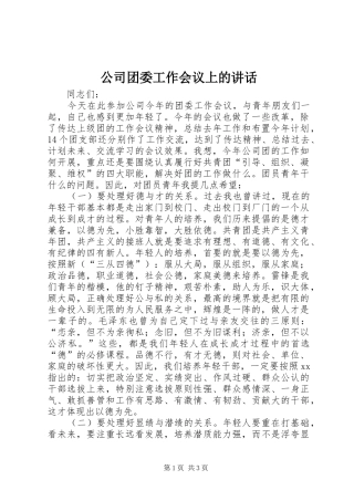 公司团委工作会议上的讲话发言