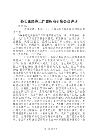 县长在经济工作暨招商引资会议讲话发言