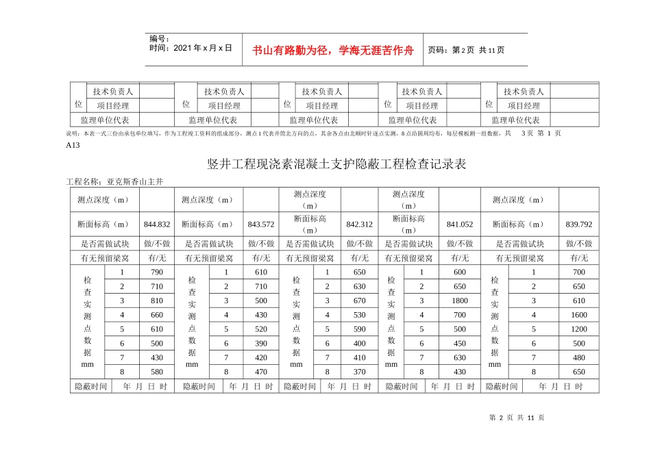 竖井工程现浇素混凝土支护隐蔽工程检查记录表_第2页