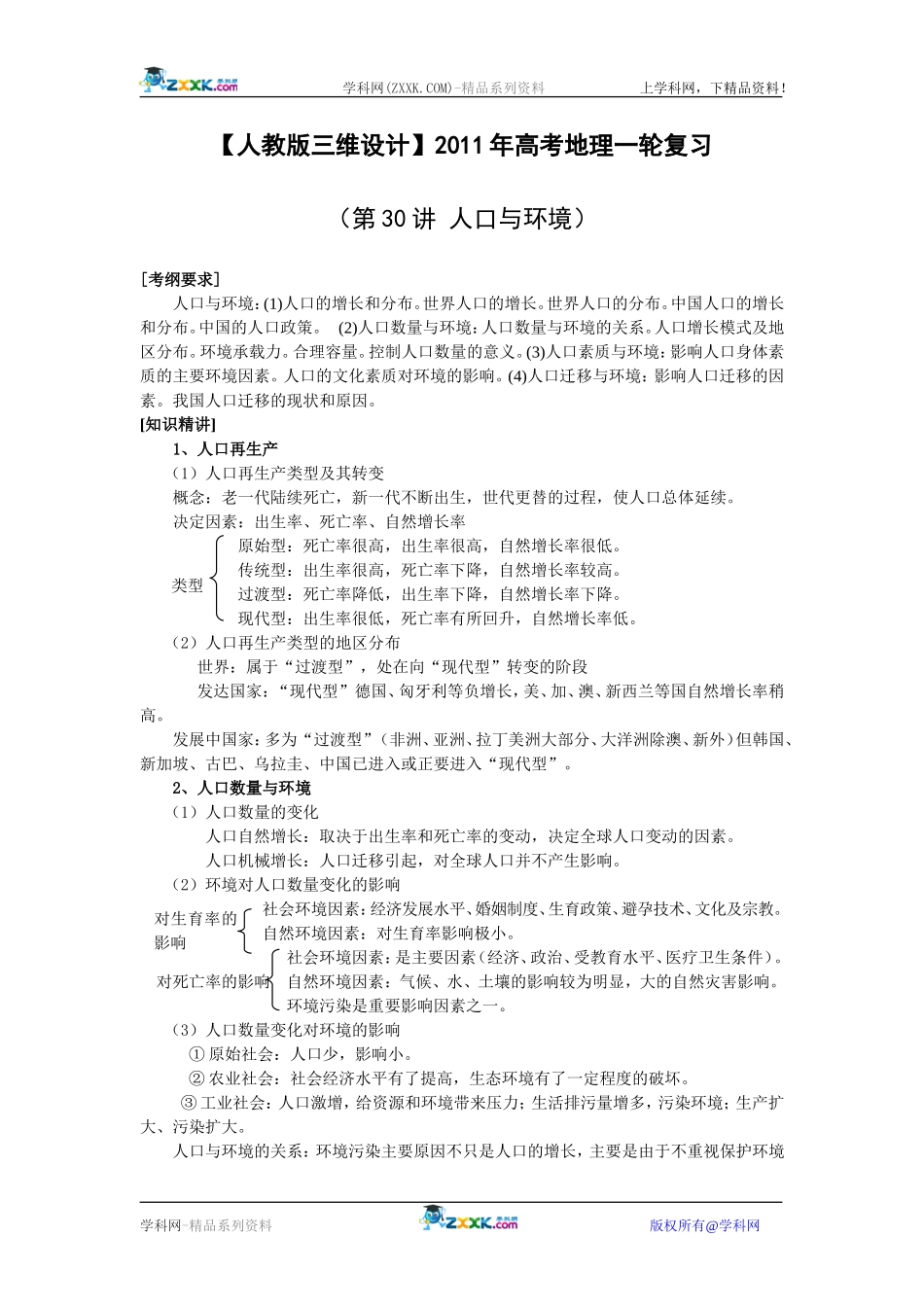【人教版三维设计】2011年高考地理一轮复习：第30讲人口与环境_第1页