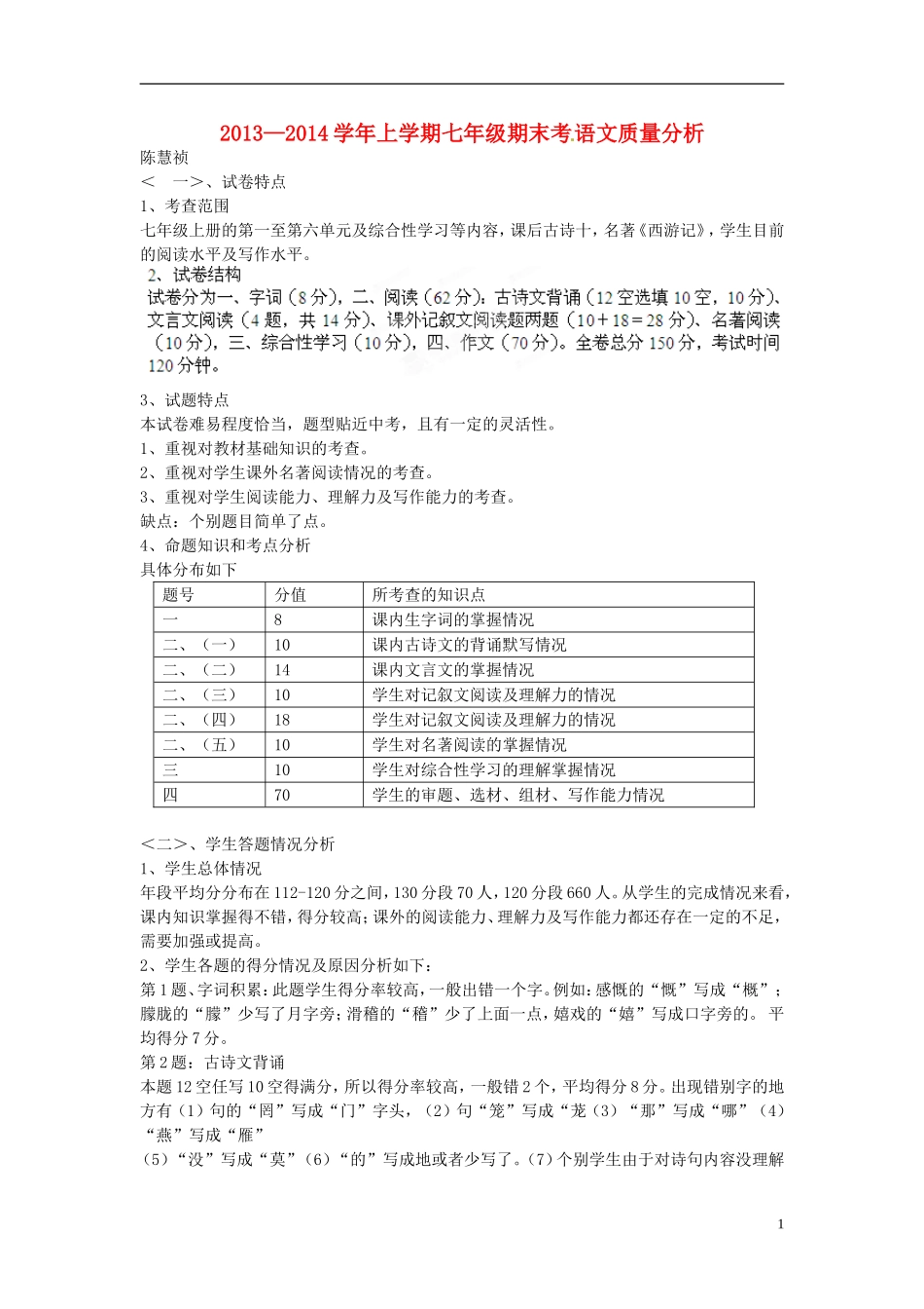 福建省莆田哲理中学2013-2014学年七年级语文上学期期末考试试题质量分析语文版_第1页