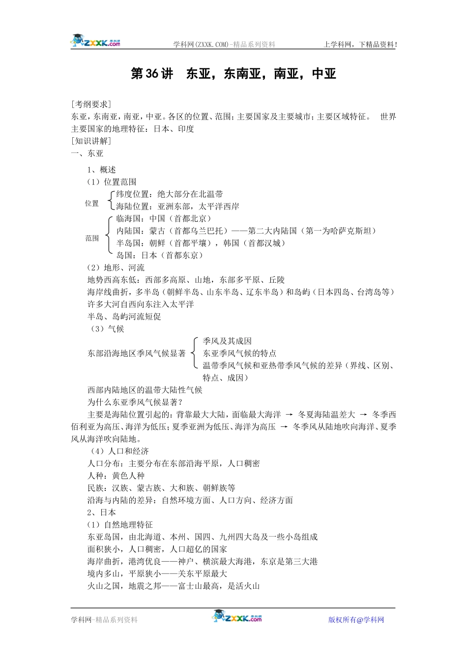 【人教版三维设计】2011年高考地理一轮复习：第36讲东亚，东南亚，南亚，中亚_第1页