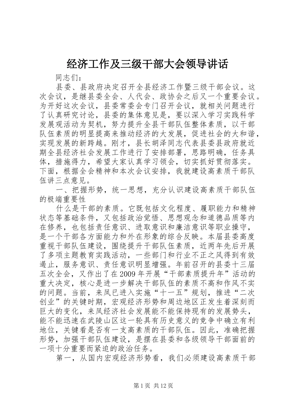 经济工作及三级干部大会领导讲话发言_第1页
