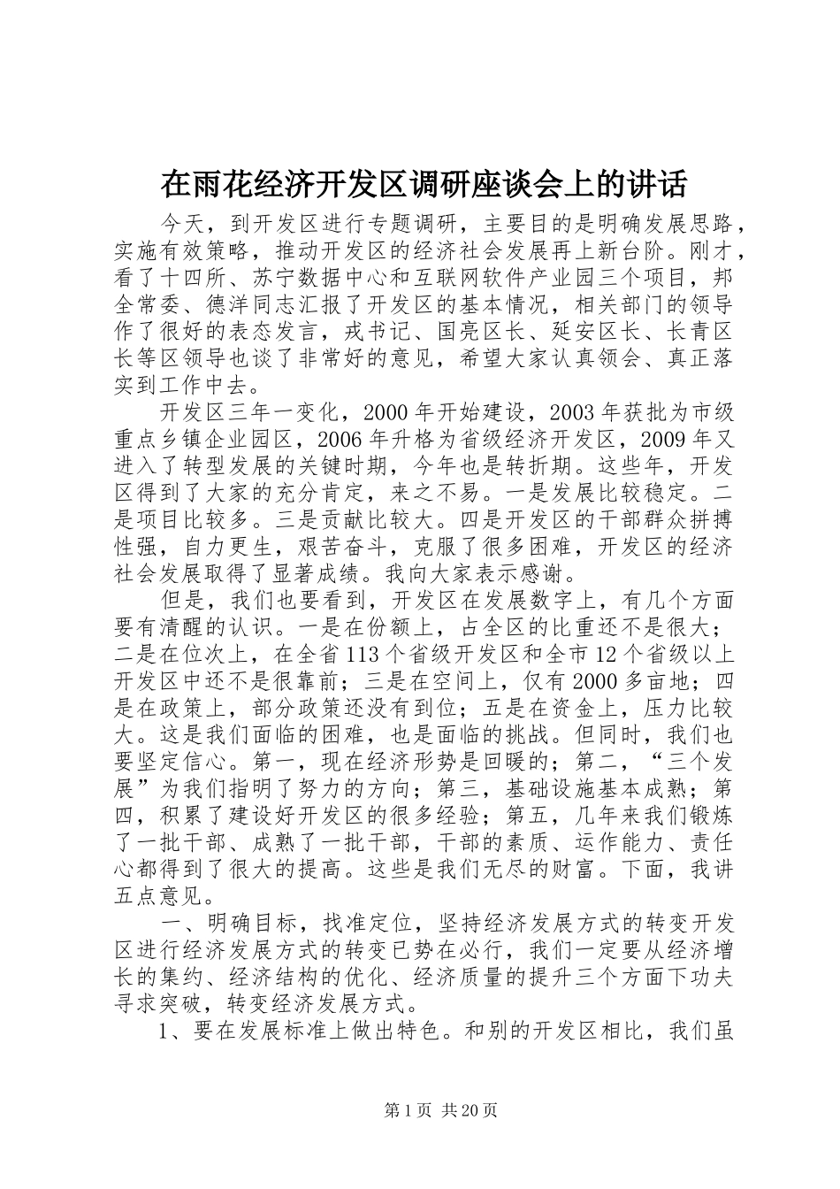 在雨花经济开发区调研座谈会上的讲话发言_第1页