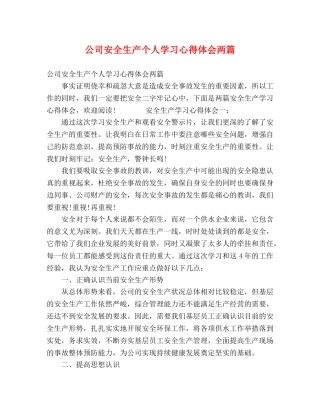 公司安全生产个人学习心得体会两篇 