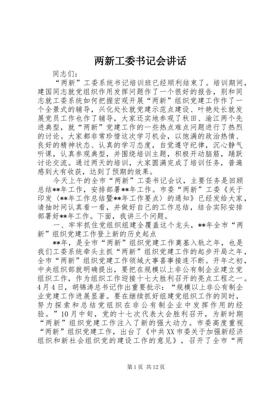 两新工委书记会讲话发言_第1页