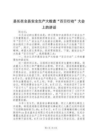 县长在全县安全生产大检查“百日行动”大会上的讲话发言