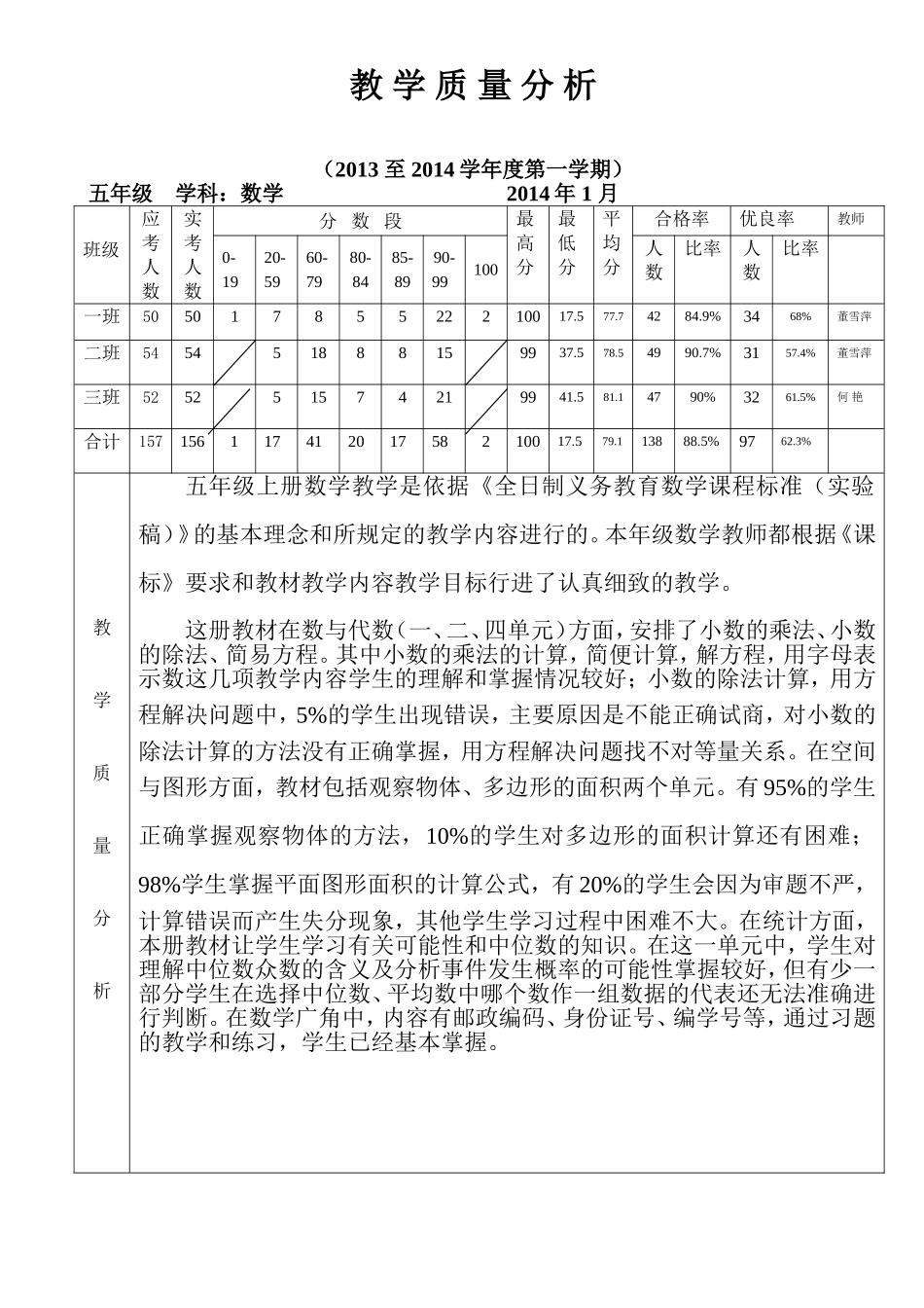 五年级数学教学质量分析表201416_第1页