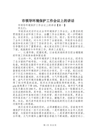 市领导环境保护工作会议上的讲话发言