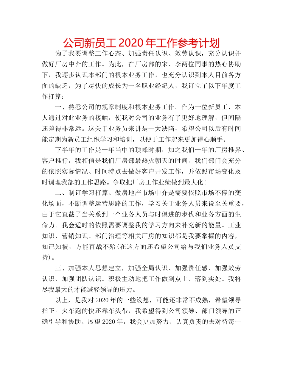 公司新员工2020年工作参考计划 _第1页