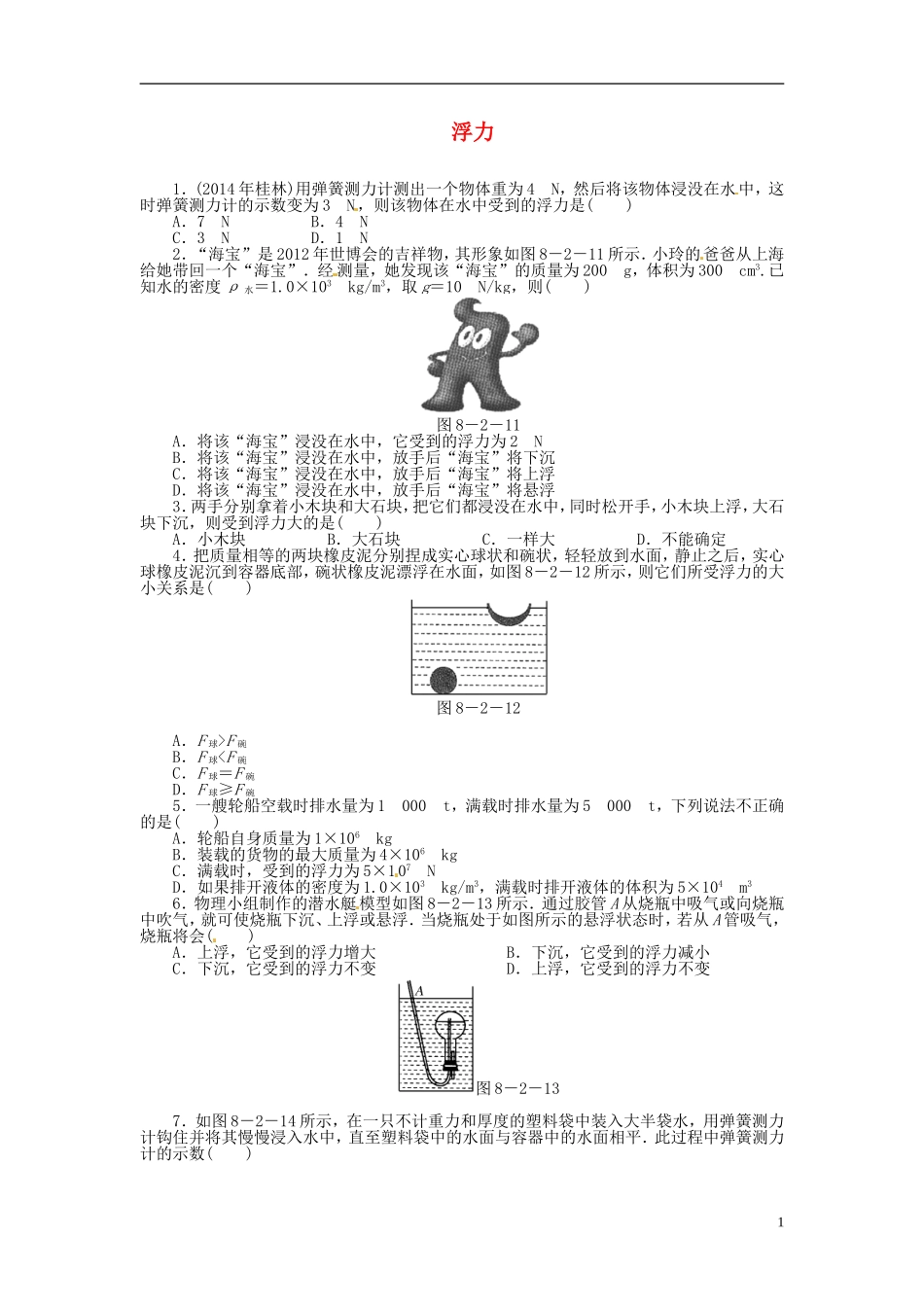 2015届中考物理专题训练浮力（含12-14年试题）_第1页