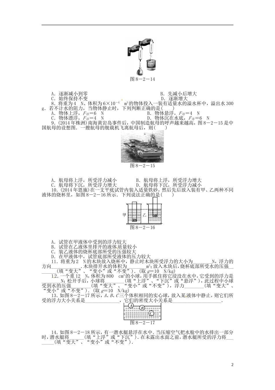 2015届中考物理专题训练浮力（含12-14年试题）_第2页