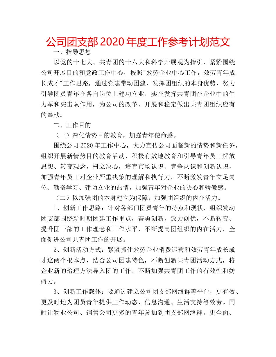 公司团支部2020年度工作参考计划范文 _第1页