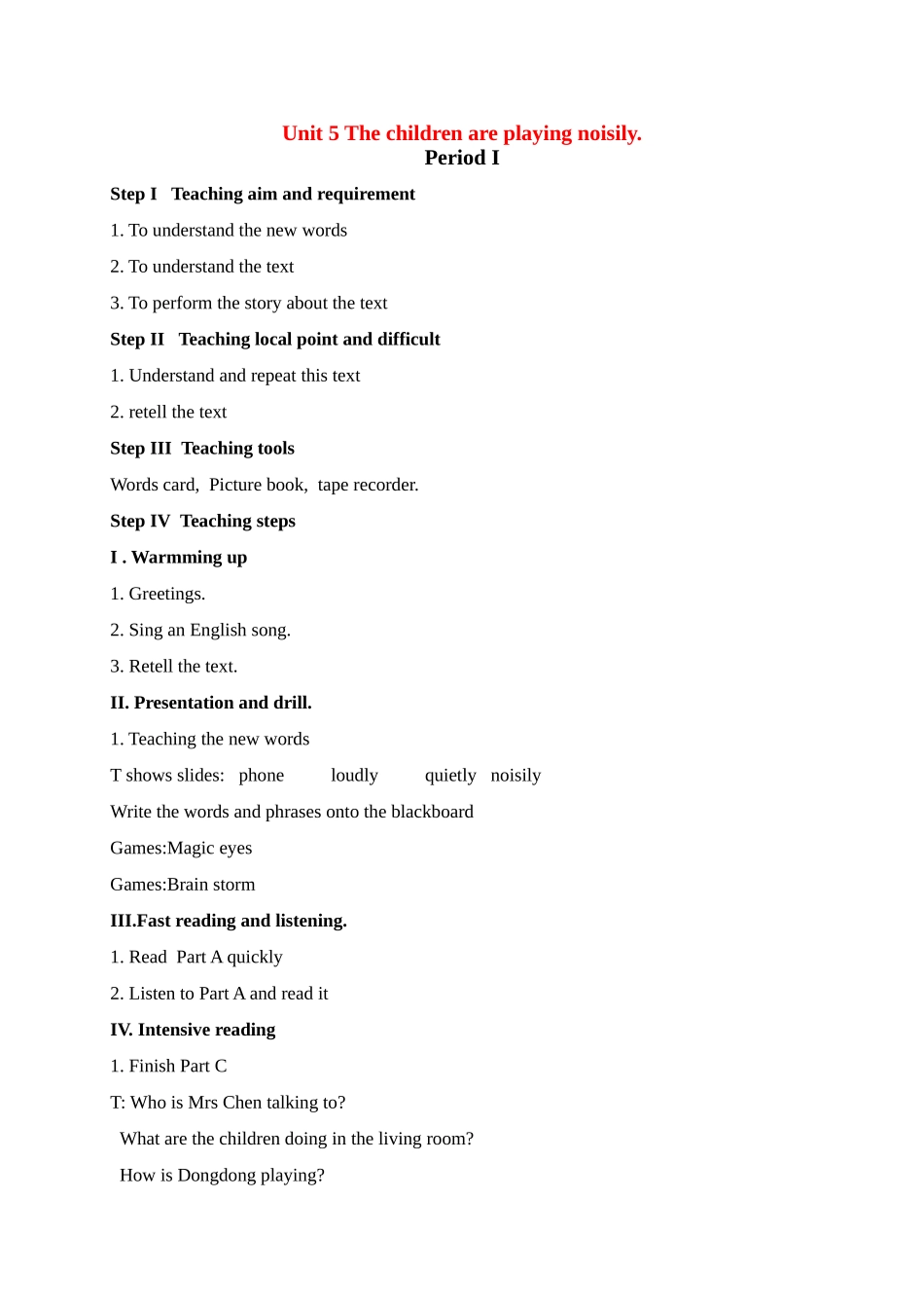 六级英语上册 Unit 5 The children are playing noisily period1教案 湘少版_第1页