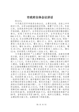市政府全体会议讲话发言