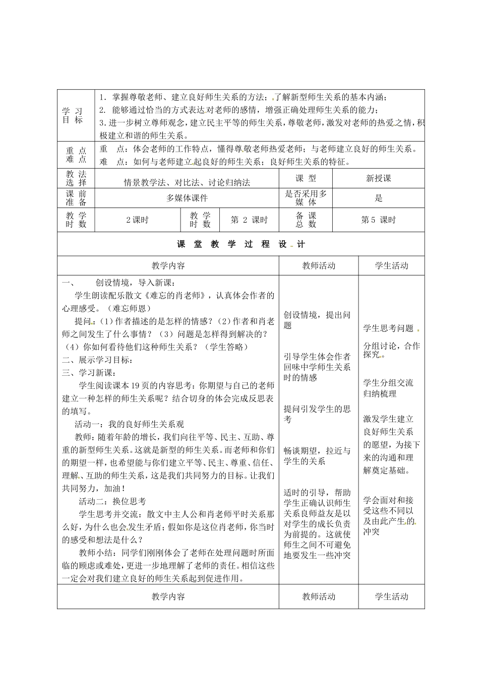 甘肃省瓜州县第二中学八年级政治上册第二课理解老师（第二课时）学案（无答案）教科版_第2页